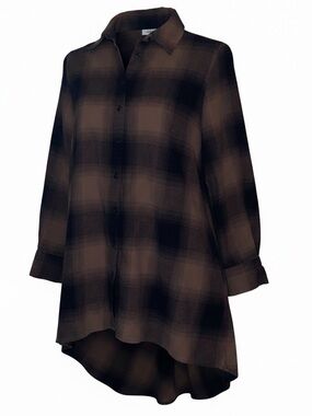 LISA RINNA COLLECTION Oversized Button Front Hi-Low Hem Blouse Black Brown SZ XS